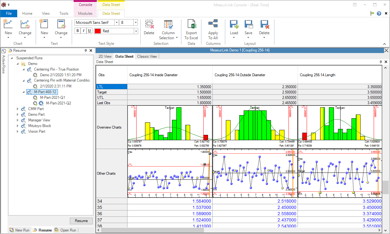 Datasheet View is popular in MeasurLink for those looking to display a spreadsheet style view of process information as data is being collected.