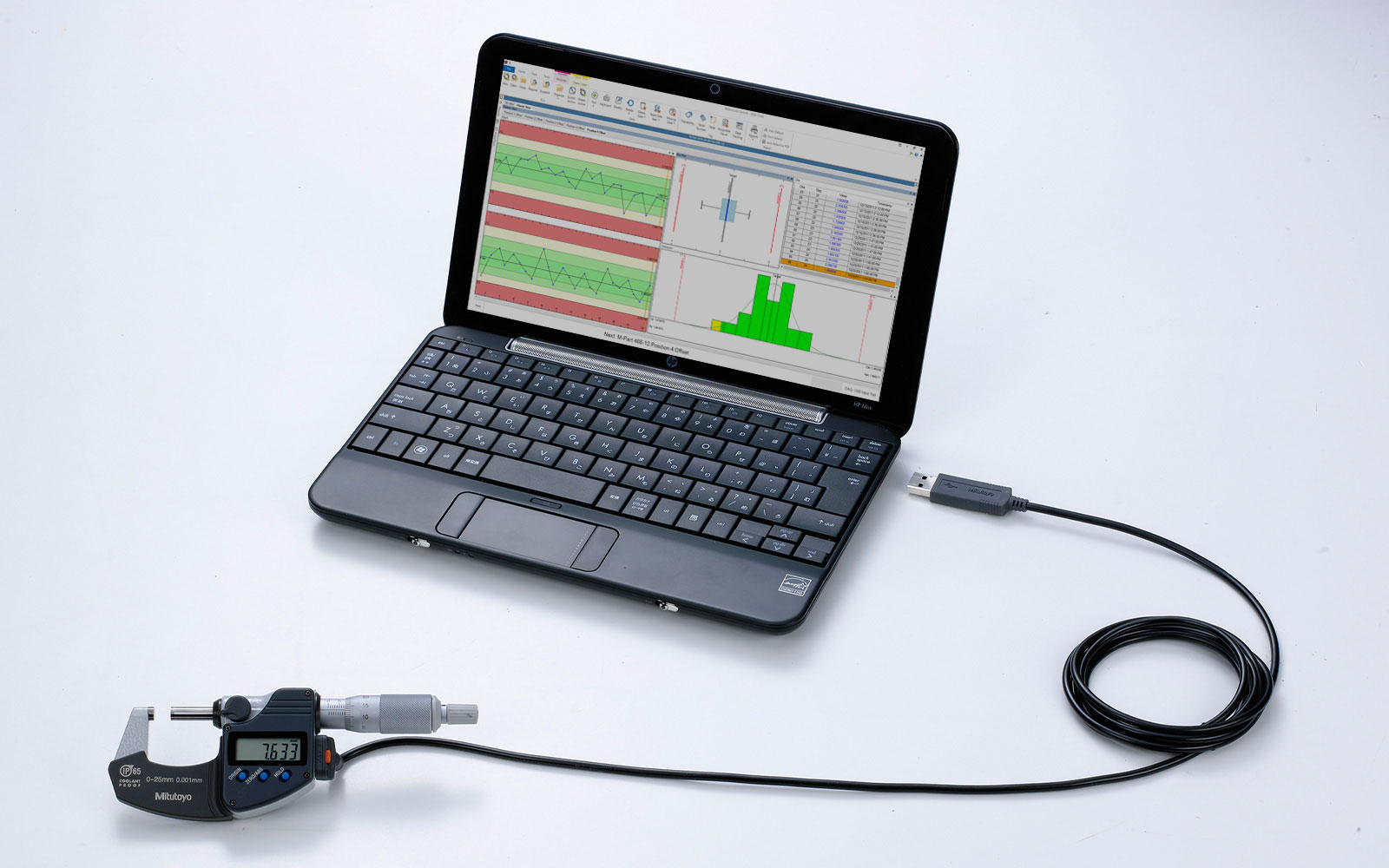 When connected wirelessly to a network, Mitutoyo gaging and cables can be used with MeasurLink is a mobile data collection station.