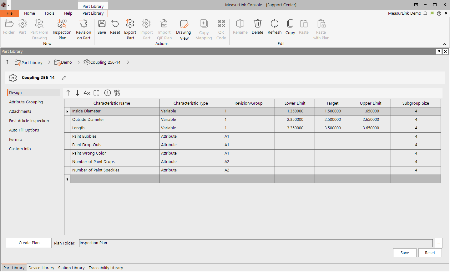 Support Center's Part Library captures characteristic information for parts that will be measured in MeasurLink.