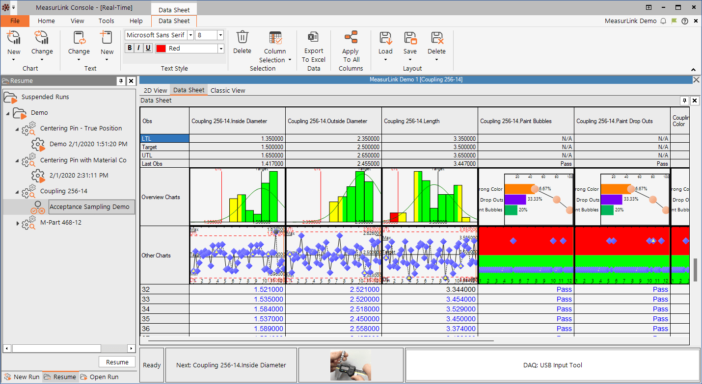Datasheet View is popular in MeasurLink for those looking to display a spreadsheet style view of process information as data is being collected.