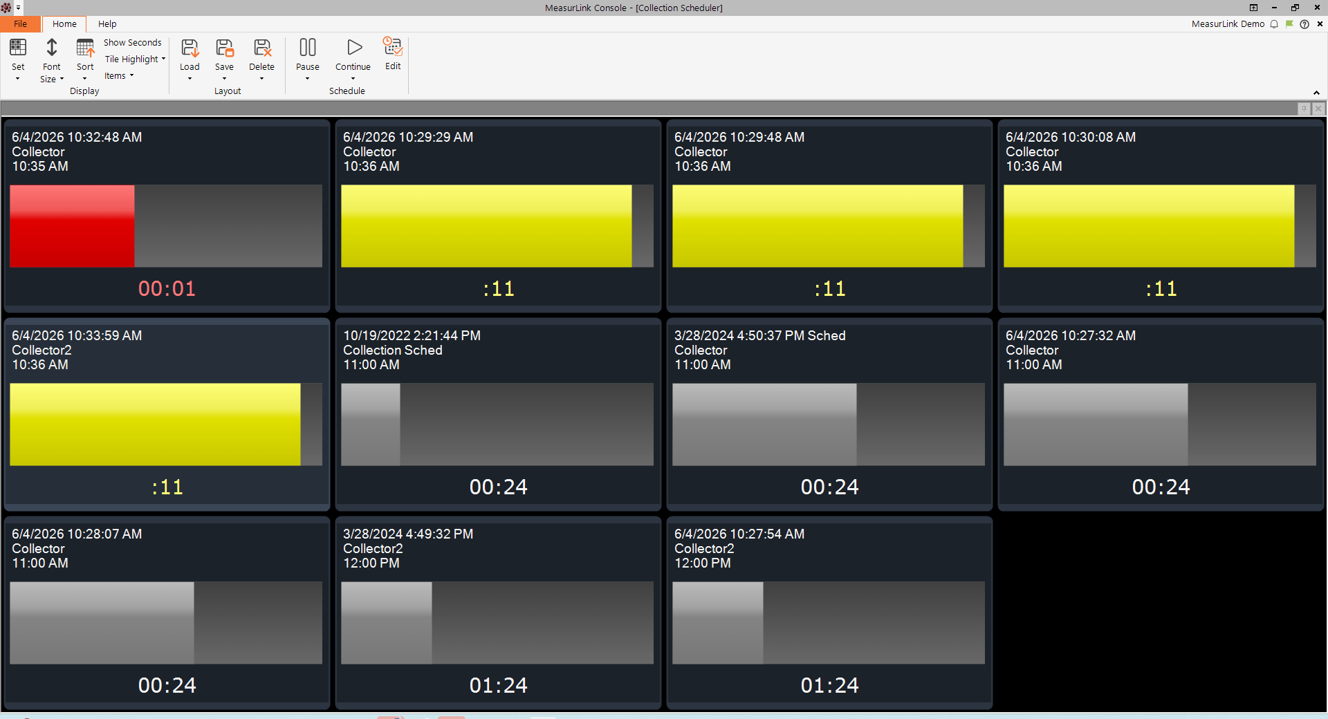 Collection Scheduler is a timed measurement scheduling tool that works in conjunction with any Real-Time edition to allow the user to track measurement collection times for multiple active or suspended runs on one screen.